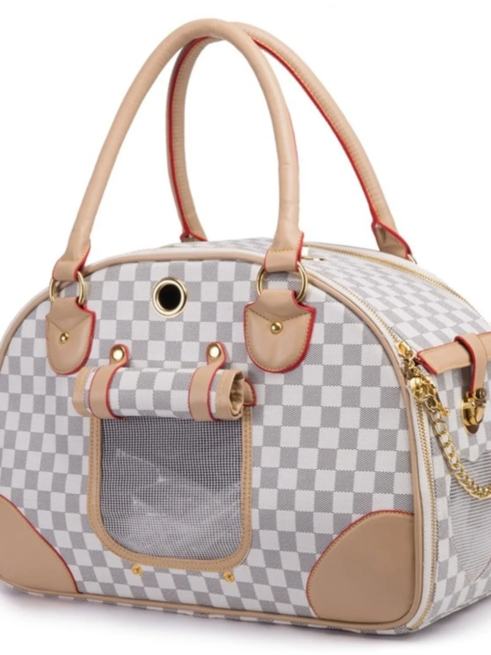 Beige & White Checkered Women’s Carry Bag with Red Trim